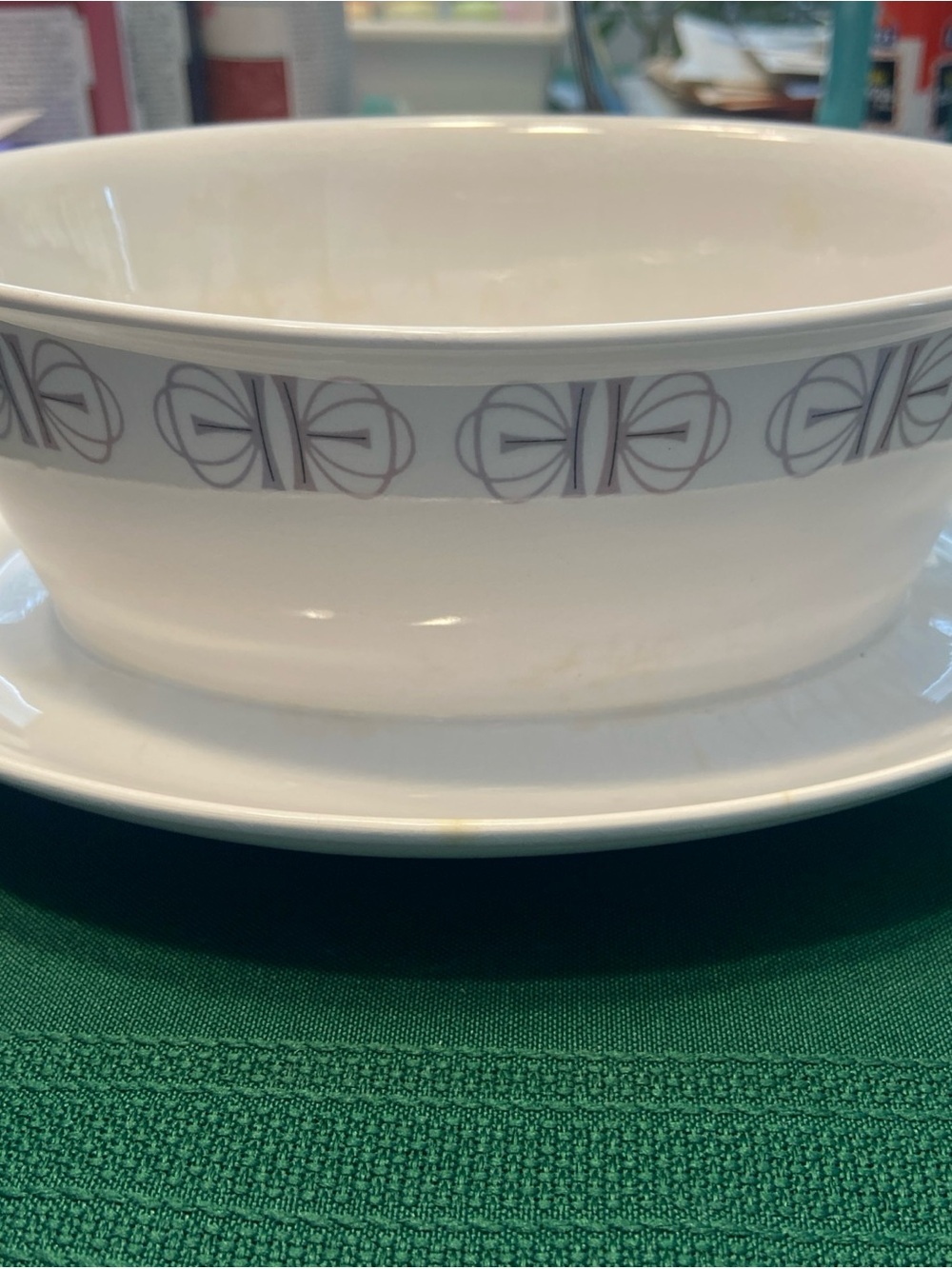 White Ceramic Gray Geometric Border gravy boat Franciscan